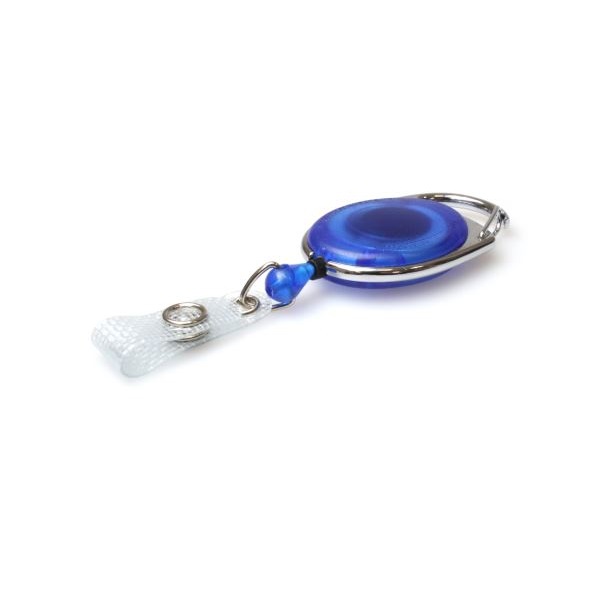 Picture of Blue translucent carabiner ID badge reel with reinforced strap. 60270218