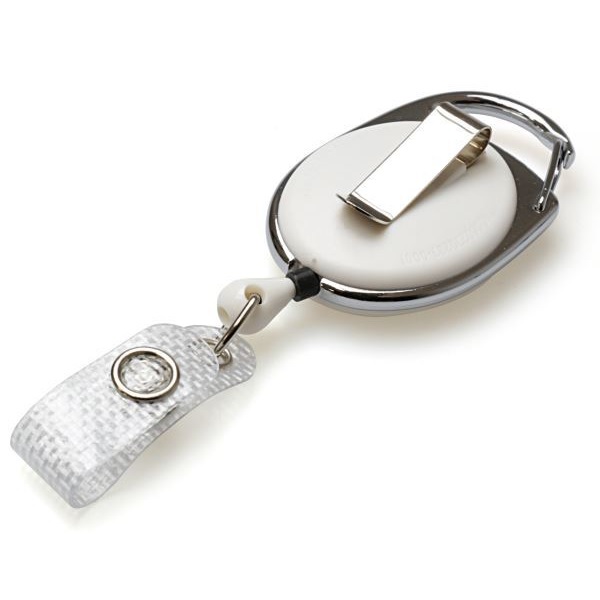 Picture of White carabiner ID badge reel with belt clip and with reinforced strap and Recess. 60270231