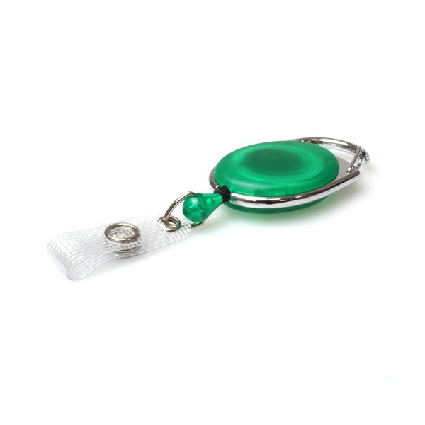 Picture of Green translucent carabiner ID badge reel with reinforced strap. 60270234